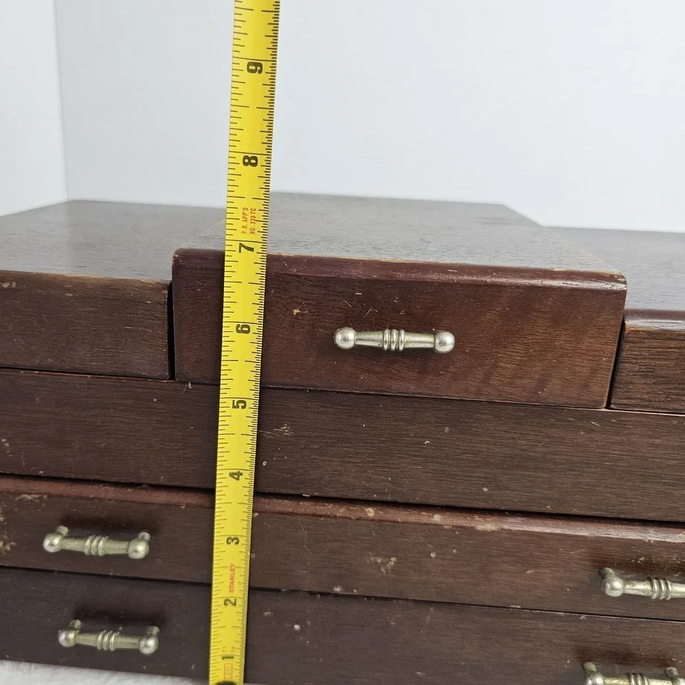 VTG Mid Century Modern Wood Jewelry Box 2 Drawer Blue Velvet Lined MCM Mirror
